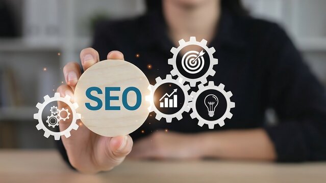 Professional Business Person Holding a Wooden Block with SEO Concept and Digital Growth Icons for Strategy Development