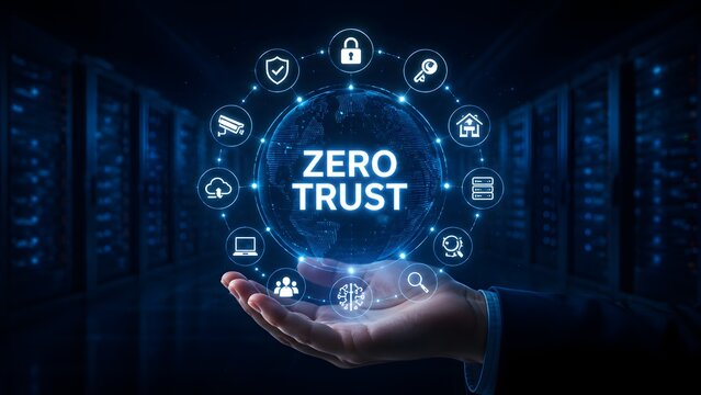 Hand holding zero trust cybersecurity network with cloud server room