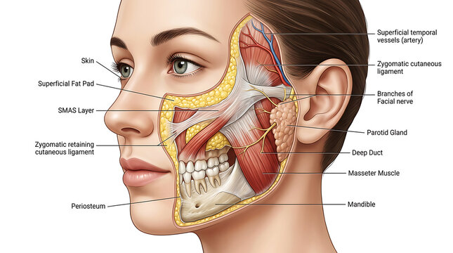 Anatomical diagram of facial muscles and nerves
