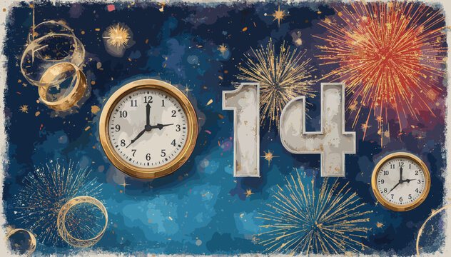 A festive New Year's Eve scene with fireworks, clocks, and the number 14, evoking celebration and the passage of time.