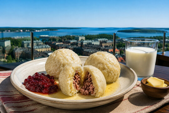 Authentic Pitepalt with Butter and Lingonberry Jam on a Rooftop Terrace Overlooking Pite&aring;, Sweden, Summer Scandinavian Food Setting with Cold Milk and Clean Sky Copy Space