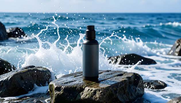 Minimalist dark spray bottle displayed on a rugged coastal rock, surrounded by crashing ocean waves and sparkling water droplets.