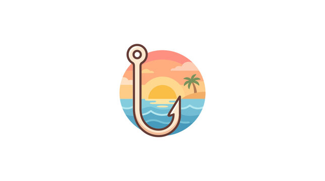 Fishing hook icon over a tropical sunset beach.