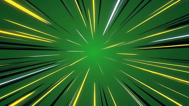 A dynamic green background featuring four quadrants, each displaying radiating lines of white, yellow, and black, converging towards a central point.