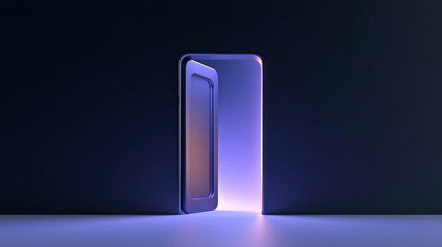 Abstract open door shaped 3d design on smartphone frame with glowing purple light in dark background for future technology concept