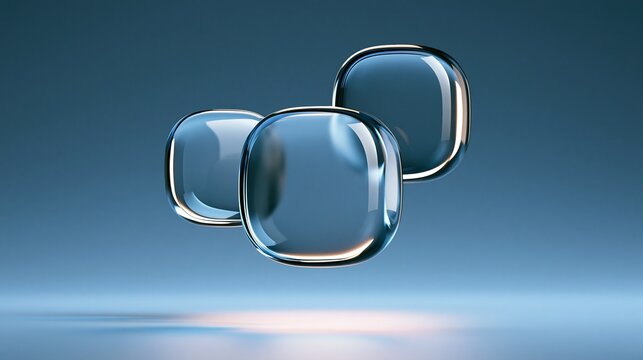 Three floating transparent blue rounded square glass blocks on soft gradient blue background elegant modern abstract 3d geometric design for creative graphic