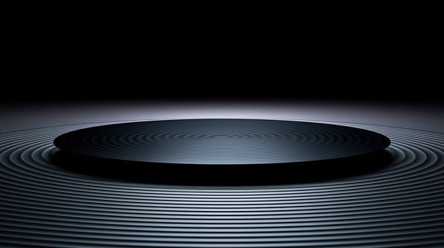 Dark black circular product display podium with concentric circle ripple texture on dark gradient background minimalist luxury empty showcase stand