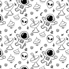 Cartoon astronaut pattern with aliens, satellites, flying saucers, stars, moons, planets and doodle symbols, creating a monochrome cosmic repeat for fabric, stationery, apparel and nursery decor. © Jeerapakrant