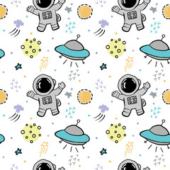 Colorful cartoon astronaut pattern with flying saucers, aliens, planets, stars, suns, moons and doodle marks, creating a cheerful cosmic repeat for fabric, stationery, apparel and nursery decor. © Jeerapakrant