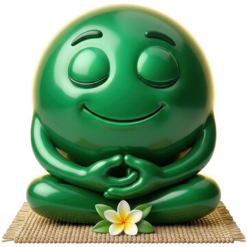 Meditating green smiley face emoji with lotus flower 3d render isolated on transparent background