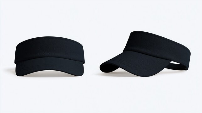 Two different views of blank black sun visor cap on clean white background mockup for sports casual custom design and branding