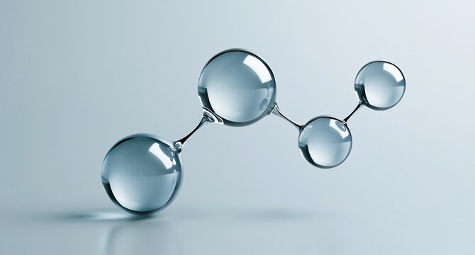 Glass molecular model structure of connected transparent spheres on light gray background 3d scientific chemical molecule design