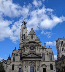 Fototapeta premium Historic facade of Saint-Étienne-du-Mont Church in Paris, France, showcasing its distinctive Gothic and Renaissance architectural elements near the Panthéon
