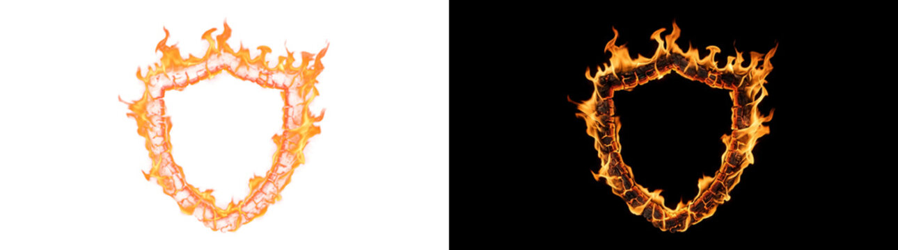 Ember veined shield fire frame with molten foundation and blazing borders, glowing flame transparent design element