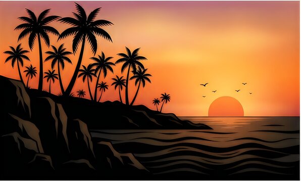 Beautiful tropical beach with palm trees at sunset over the ocean water