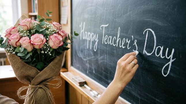 Writing Happy Teachers Day on Blackboard with Flowers