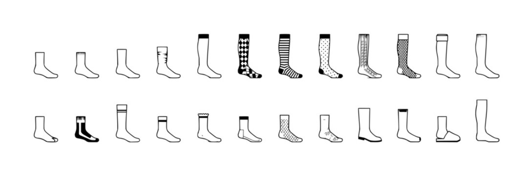 Sock set with various designs featuring ankle socks, knee-high socks, ribbed socks, patterned socks with stripes and polka dots