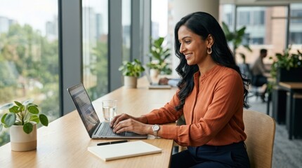 Fototapeta premium Smiling woman working on laptop in modern office with city view, showcasing remote work and technology integration.