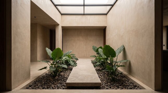 Contemporary home with sunken indoor garden and floating stone walkway