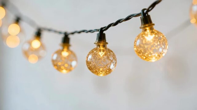 Close-up of warm glowing spherical string lights with crackled glass design against white background