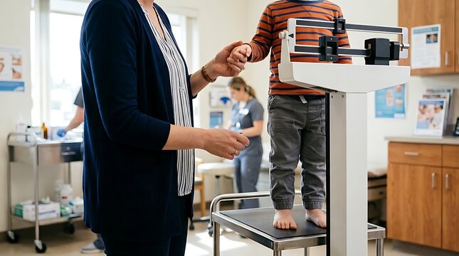 Young child on medical scale for weight measurement during routine checkup at clinic