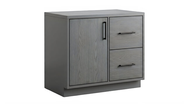 Modern gray wood grain sideboard cabinet with black metal handles includes one door and two drawers for contemporary office or bedroom storage solution furniture.