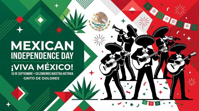 Flat Graphic Banner Mexican Independence Day Mariachi Band.