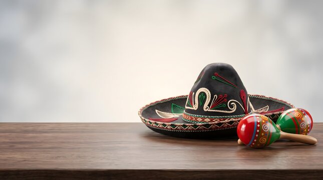 Black Mexican Sombrero and Maracas on Wooden Table.