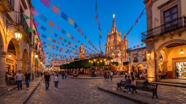 San Miguel de Allende Plaza with Festive Papel Picado.