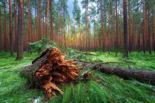 Fallen pine log in sunlit forest