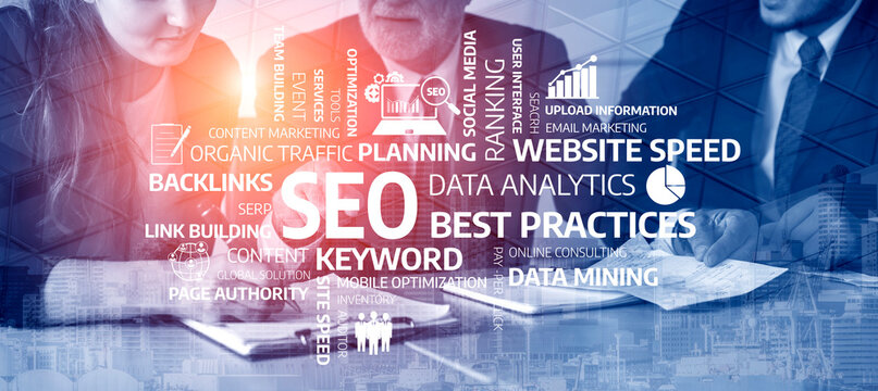 Two business professionals engage in a focused discussion on digital marketing strategies, emphasizing SEO and data analytics in a modern office setting. Tessel