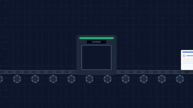 Digital workflow automation Document on conveyor belt approaching a high tech processing machine on standby.