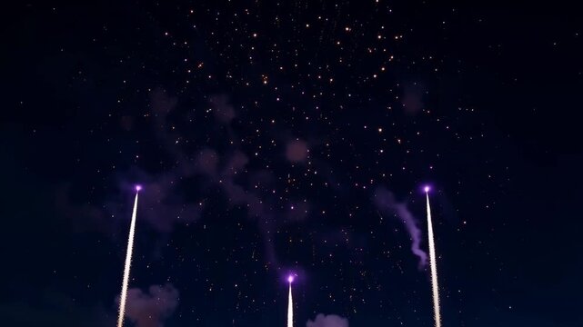 Vibrant purple, gold, and white fireworks explode in night sky with rising trails and dandelion-like bursts