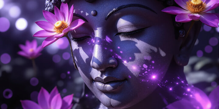 Mystical Buddha Face Close Up Purple Lotus Flowers Zen Tranquility A serene close-up portrait of a Buddha face statue, partially