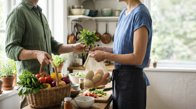 Two people in kitchen share fresh produce, embodying vibrant co living community culture