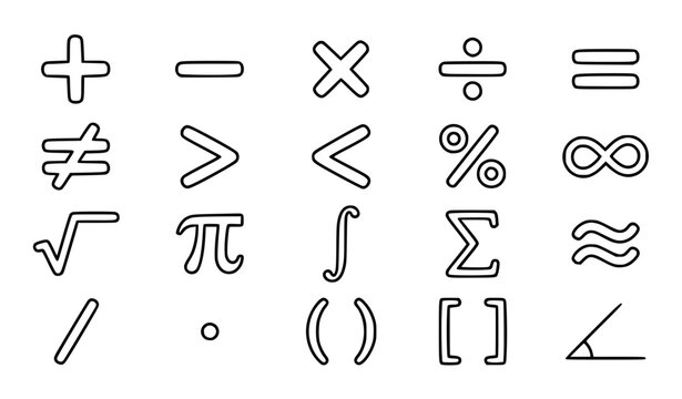 Hand Drawn Math Symbol Icon Set with Equation, Pi, Infinity, and Algebra Signs in Doodle Style for Education Designs