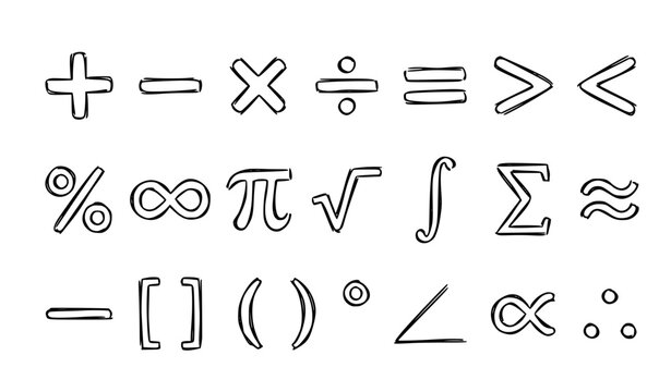 Hand Drawn Math Symbol Set with Plus, Minus, Pi, Infinity, and Equation Signs in Doodle Style for Education Designs
