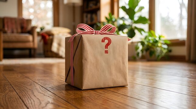 A wrapped gift box with a question mark sits on a wooden floor to celebrate merry christmas holidays