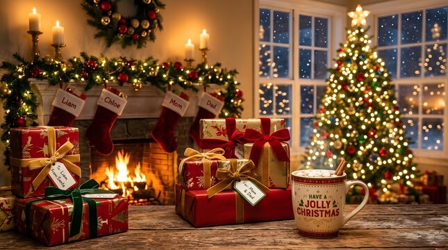 A warm and cozy christmas scene a decorated tree fireplace and gifts create holiday magic