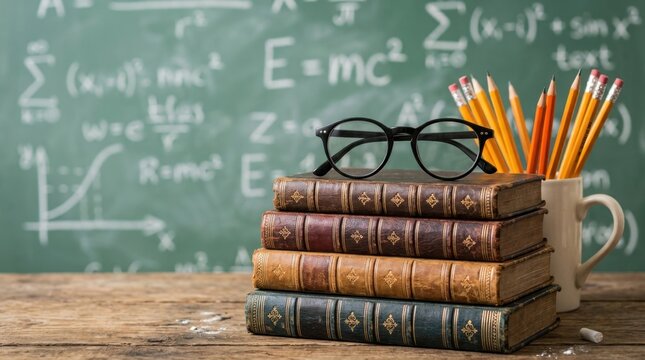 Cozy Classroom Stack of Books with Glasses