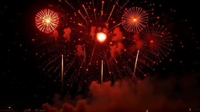 Vibrant red and gold fireworks burst across a dark night sky, with smoke trails and ascending rockets visible below