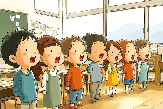 Elementary school children singing together during a music class