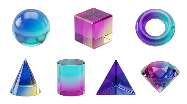 Set of 3d geometric shapes with iridescent gradient glass texture isolated on transparent background