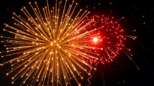 Vibrant red and gold fireworks burst against a starry night sky, creating dazzling patterns of light and smoke