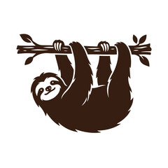 Naklejka premium A simple brown vector illustration of a cute sloth hanging from a tree branch on white background