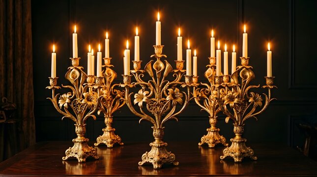 A stunning arrangement of ornate golden candelabras with lit candles evoking a sense of warmth and classic elegance