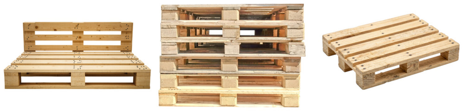 Industrial wooden pallets in various arrangements, ready for logistics, shipping, and storage applications.