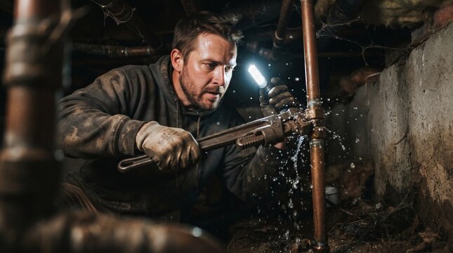Professional plumber fixing a leaking copper pipe with a wrench in a dark crawl space