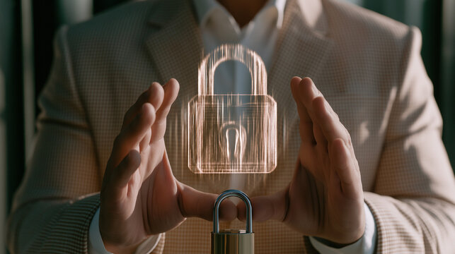 Digital Security Concept: A businessman's hands cradle a holographic padlock, symbolizing digital security and data protection in a modern technological context.