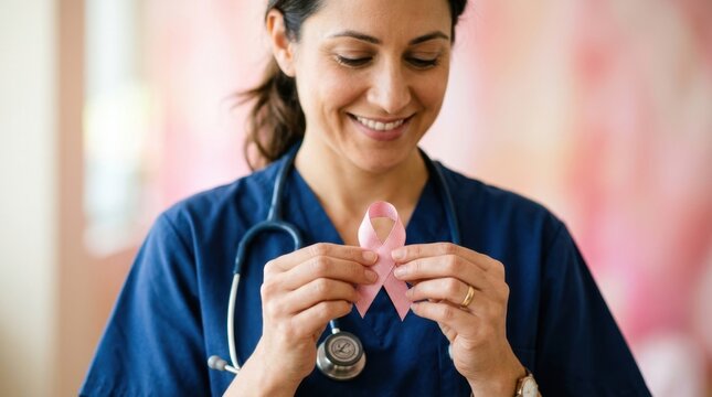 Nurse Holding Pink Breast Cancer Awareness Ribbon